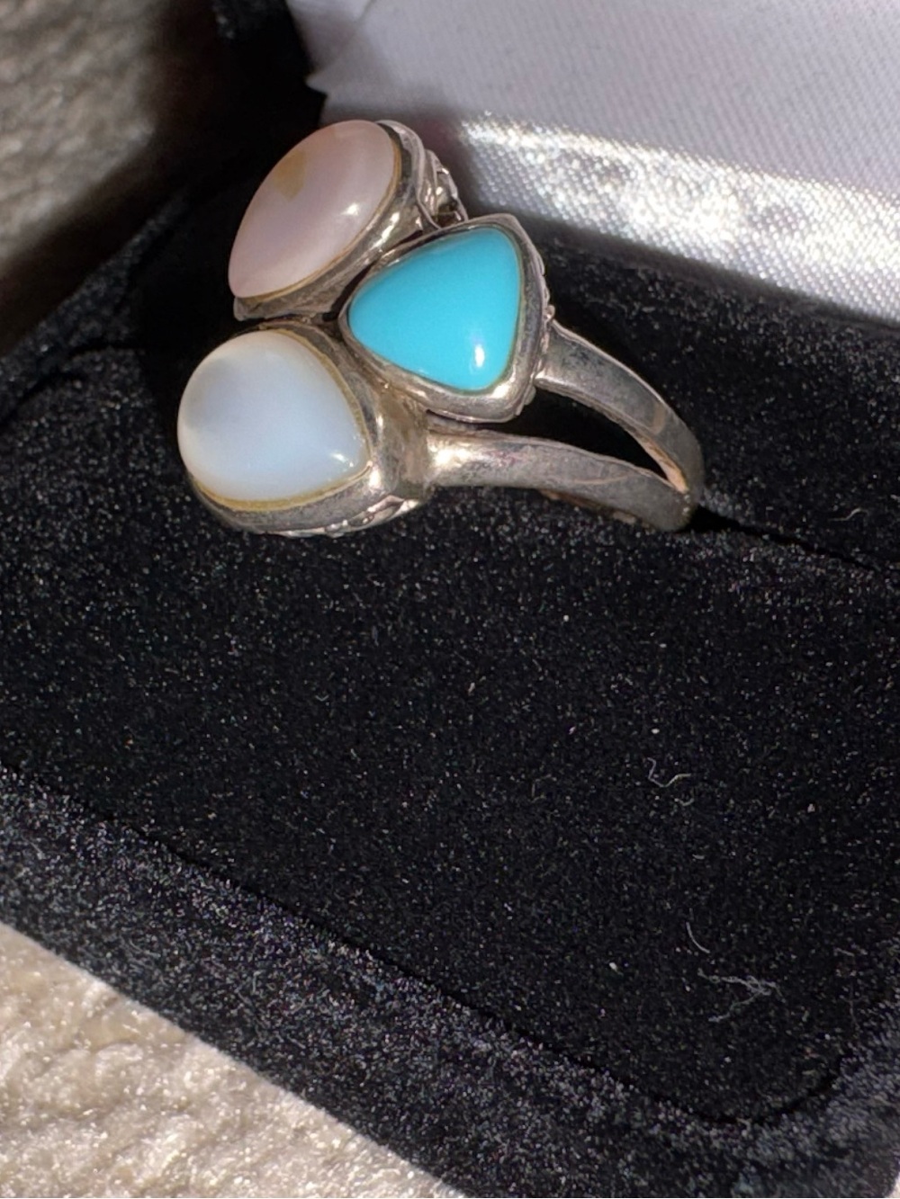 Pure 925 Sterling Silver Turquoise and White Opal Three-Stone Ring - Picture 4 of 8